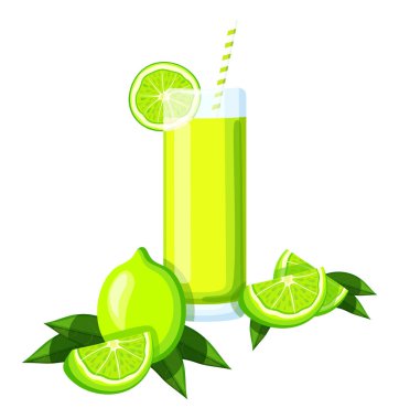 Çizgi film tarzında limon suyu. Saman, yarımlar ve beyaz arka planda yeşil yapraklı yeşil limon dilimleri ile bardaktaki lezzetli ve taze limon suyunun vektör çizimi.