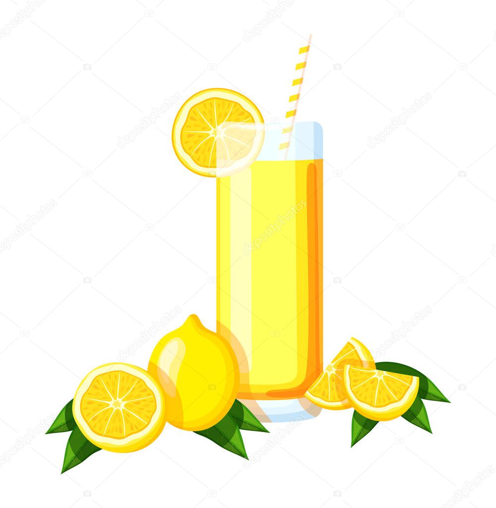 Lemon juice in a glass in cartoon style. Vector illustration of delicious and fresh lemonade juice in glass with straw, half and slice of lemon with green leaves isolated on white background.
