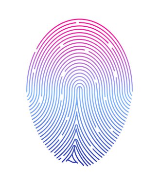  Çizgi film tarzında parmak izi. Renkli, desenli güzel parmak izlerinin vektör çizimi, beyaz arkaplanda izole edilmiş çizgiler. Kimlik tespiti için eşsiz bir parmak izi. Logo. Element tasarımı.