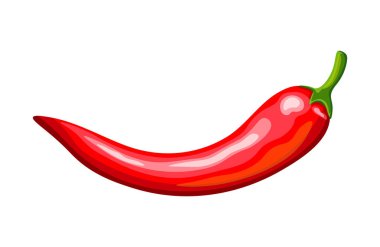 Çizgi film tarzında sıcak, taze kırmızı biber. Beyaz arka planda izole edilmiş lezzetli kırmızı ve baharatlı kırmızı biberin vektör çizimi. Yemek pişirmek. Logo. Pankart.