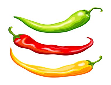 Çizgi film tarzında kırmızı biber seti. Lezzetli ve sıcak kırmızı biberlerin vektör çizimi: beyaz zemin üzerinde yeşil, kırmızı, sarı izole edilmiş. Yemek pişirmek. Sağlıklı yiyecekler. Logo. Pankart.