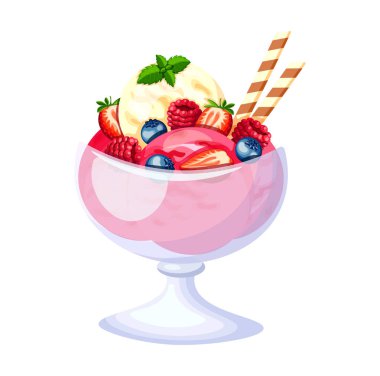 Çizgi film tarzında bir kepçe lezzetli dondurmayla dolu bir tabak. Bir kepçe dondurma, yabanmersini, çilek, ahududu, nane ve waffle külahlı şeffaf bir tabağın vektör çizimi. Yaz tatlısı.