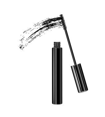 Çizgi film tarzında fırçalı ve siyah felçli bir Mascara. Fırçalı rimel tüpünün vektör çizimi, beyaz arka planda izole edilmiş rimel felci. Logo. Makyaj. Tasarım ögesi.