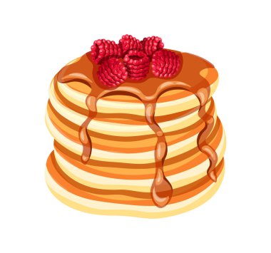 Çizgi film tarzında ahududulu leziz krepler. Beyaz bir arka planda izole edilmiş taze ve kabarık krep, çikolata ve ahududu karışımı. Kahvaltı..