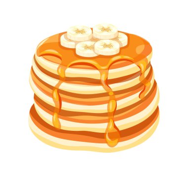 Çizgi film tarzında muz daireleri olan leziz gözlemeler. Beyaz arka planda izole edilmiş bal ve muz dilimleriyle serpiştirilmiş taze ve kabarık kreplerin vektör çizimi. Kahvaltı..