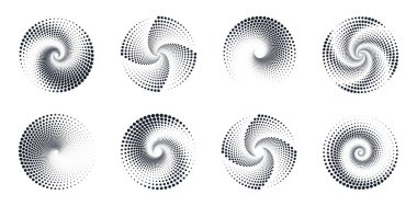 Yarım tonlu noktalı daireler. Beyaz arka planda izole edilmiş noktalı soyut spiral dairelerin vektör çizimi. Dairesel logo. Poster. Pankart. Tasarım ögesi.