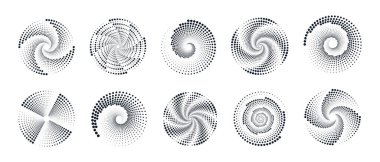 Yarım tonlu noktalı daireler. Beyaz arka planda izole edilmiş noktalı soyut spiral dairelerin vektör çizimi. Logo Posteri. Pankart. Tasarım ögesi.