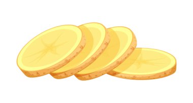 Çizgi film tarzında bir grup patates dilimi. Beyaz arka planda soyulmamış leziz patateslerin vektör çizimi. Sağlıklı yiyecekler. Hasat et. Kök ekinleri. Nişasta sebze.