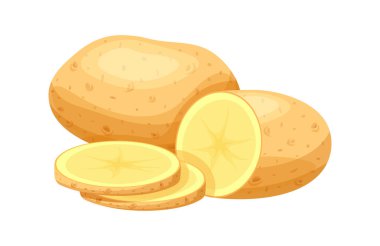 Çizgi film tarzında bir grup patates. Taze, lezzetli patatesin vektör çizimi ve ortadan ikiye bölünmüş beyaz arka planda izole edilmiş dilimler. Sağlıklı yiyecekler. Sebzeler. Hasat et. Kök ekinleri. Genç patatesler..