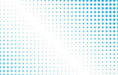 Beyaz arka planda mavi noktalı yarı ton. Sanat eseri deseni. Farklı boyutlarda yarım tonlu noktalar. Daireler. Pankart. Poster.