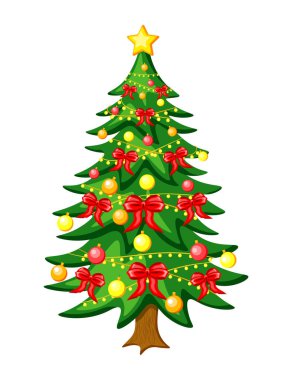 Çizgi film tarzında Noel ağacı. Kar taneleri, renkli toplar, parlak çelenkler, kırmızı fiyonklar ile süslenmiş bir Noel ağacının vektör çizimi, beyaz arka planda izole edilmiş bir yıldız. Yeni Yıl.