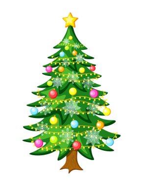  Çizgi film tarzında Noel ağacı. Kar taneleri, renkli toplar, parlak çelenkler ile süslenmiş şirin bir Noel ağacının vektör çizimi, beyaz arka planda izole edilmiş bir yıldız..