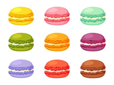 Beyaz arka planda izole edilmiş dokuz lezzetli badem kurabiyesi. Farklı renklerde tatlı badem kurabiyeleri seti. Fransız kurabiyeleri var. Vektör illüstrasyonu.