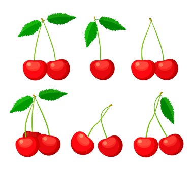 Beyaz arka planda izole edilmiş olgun kirazlar. Çeşitli şekillerde kiraz seti. Saplı ve yeşil yapraklı tatlı meyveler..