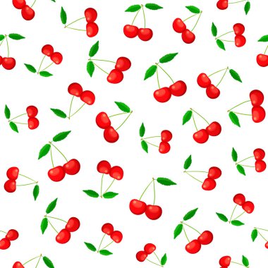 Çizgi film tarzında taze kirazlı kusursuz desen. Beyaz arka planda yeşil yapraklı lezzetli ve sulu kiraz meyveleri olan bir desenin vektör çizimi. Tatlı kirazlar.