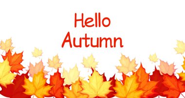 Çizgi film tarzında sonbahar arkaplanı. Renkli bir sonbahar arkaplanının vektör çizimi Merhaba sonbahar, akçaağaç yaprakları: turuncu, sarı, kırmızı beyaz arkaplanda izole edilmiş.