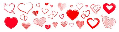 Çizgi film tarzında güzel el çizimleri yapılmış kalpler. Beyaz arka planda izole edilmiş kırmızı kalplerin vektör çizimi. Sevgililer Günü için semboller. Karalamalar..