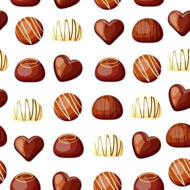 Çizgi film tarzında çikolata şekerli kusursuz desenler. Lezzetli vektör çizimi: beyaz arka planda izole edilmiş beyaz, sütlü çikolatalı şekerler. Paketleme, ambalaj kağıdı. Pankart.