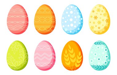 Çizgi film tarzında Paskalya yumurtaları. Değişik şekillere sahip Paskalya yumurtalarının vektör çizimi: geometrik desenler, noktalar, çiçekler, yapraklar, beyaz arka planda izole edilmiş buğday kulakları. Paskalya tatili.