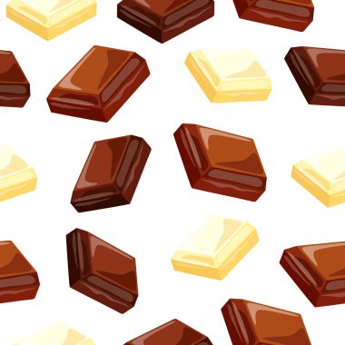 Çizgi film tarzında, çikolata parçalarıyla kusursuz desenler. Lezzetin vektör çizimi: beyaz arka planda siyah, beyaz, sütlü çikolata. Paketleme, ambalaj kağıdı. Pankart.