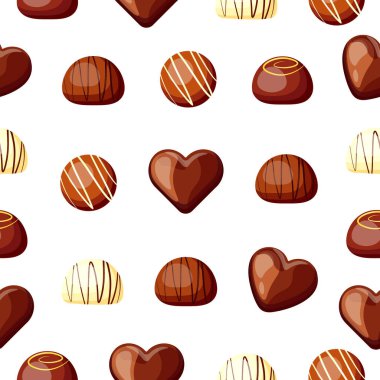 Çizgi film tarzında çikolata şekerli kusursuz desenler. Lezzetli vektör çizimi: beyaz arka planda izole edilmiş beyaz, sütlü çikolatalı şekerler. Paketleme, ambalaj kağıdı. Pankart.