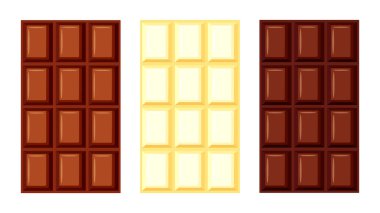 Çizgi film tarzında bir sürü çikolata. Çikolataların vektör çizimi: beyaz arka planda izole edilmiş süt, beyaz, siyah çikolata. Kakao ürünleri. Tatlı tatlı. Şekerlemeci.