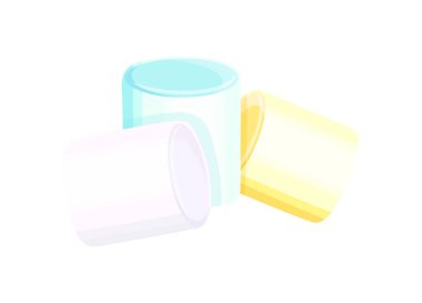 Çizgi film tarzında yumuşak şekerlemeler. Beyaz arka planda izole edilmiş mavi, beyaz, sarı renkli lezzetli kabarık şekerlemelerin vektör çizimi. Sıcak içecekler, tatlılar için lokum. Şekerlemeler..