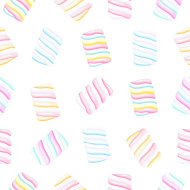  Çizgi film tarzında yumuşak şekerlemeli kusursuz desen. Beyaz arka planda izole edilmiş, mavi, pembe, beyaz, sarı renkli lezzetli marşmelovların temsili çizimi. Paketleme kağıdı, paketleme.