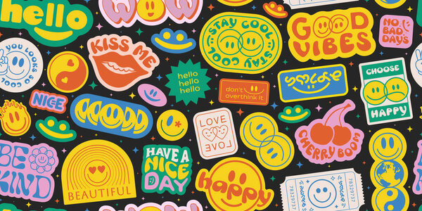 Cool Groovy Seamless Pattern Stickers Collage. Trendy Retro 90s Style Patches Funny Cartoon Smile Faces. Y2k background Vector Design.