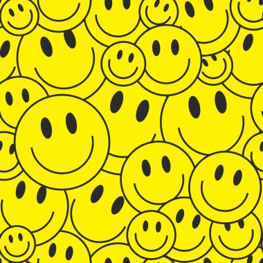 Havalı Gülümseyen Kusursuz Desensiz Şekil Vektörü çizimi. Moda Asit Çılgınlığı dokusu. Pop Art Arkaplanı. Y2k Komik Arkaplan.
