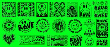 Asit Etiketi Desenleri Vektör Tasarımı. Rave Grafik Elementleri. Trippy gülümseme sokak giyimi sanatı.