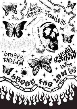 Cool deathcore style poster with skull, flame and batterfly.  clipart