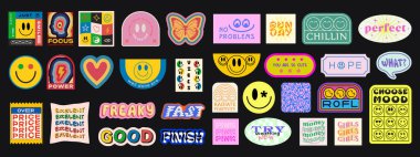 Havalı Moda Geometrik Gülme Etiketleri Seti. Harika Yamalar Koleksiyonu. Pop Art Y2K Rozetleri. Vektör Duygu Simgeleri.