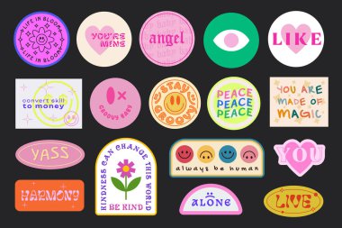 Set Of Cool Trendy Groovy Stickers Vector Design. Pop Art patches. Y2K Badges. clipart