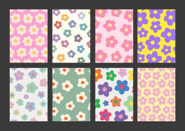 Havalı Çiçekler Şekil Posterleri Koleksiyonu. Bir dizi Y2K dokusu. Moda Soyut Özgeçmişleri. Funky Blossom Arkaplan Vektörü Tasarımı.