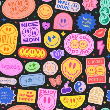 Cool Groovy Çıkartmaları Kusursuz Şablon. Y2k Patches Kolajı. Pop Art Illustration Vektör Tasarımı. Tuhaf Arkaplan.