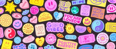Popüler Çıkartmalar Arkaplanı. Y2k Patches Kolajı. Pop Art Illustration Vektör Tasarımı. Funky Deseni.