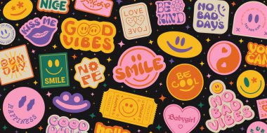 Cool Groovy Stickers Background. Y2k Patches Collage. Pop Art Illustration Vector Design. Funky Pattern. clipart