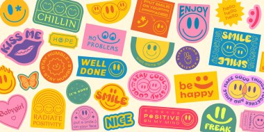 Popüler Çıkartmalar Arkaplanı. Y2k Patches Kolajı. Pop Art Illustration Vektör Tasarımı. Funky Deseni.