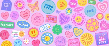 Popüler Çıkartmalar Arkaplanı. Y2k Patches Kolajı. Pop Art Illustration Vektör Tasarımı. Funky Deseni.