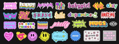 Set of Cool Trendy Stickers with Phrases. Cute Patches Collection Vector Design.  clipart