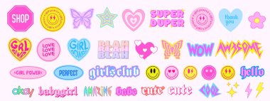 Collection of Cool Cute Stickers Vector Design. Trendy Girly Patches Collection. Smile Emotions. clipart