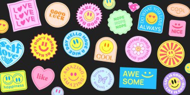 Havalı Moda Parçaları Vektör Tasarımı. Çıkartmalı soyut arkaplan. İyi Titreşimler, Pozitif Enerji ve İyi Şans Rozetleri.