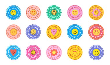 Hoş El Yazması Yapıştırma Vektör Tasarımı. Moda Emoji Yamaları Koleksiyonu. Çizgi Roman Pop Sanatı Duygusallığı.
