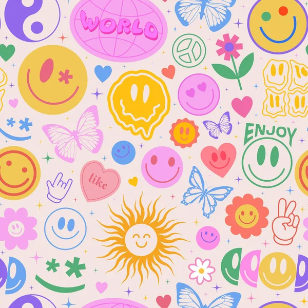 Cool Y2K Seamless Pattern Αυτοκόλλητα Χαμόγελο Εικονογράφηση Ποπ Αρτ Για — Διανυσματικό Αρχείο