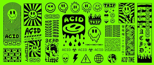 Set Acid Sticker Patterns Vector Design Rave Graphic Elements Trippy — Stock Vector