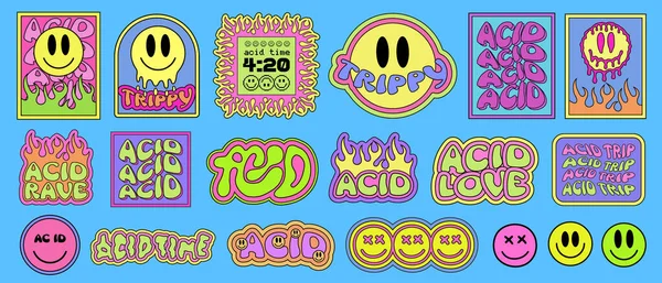 Set Cool Acid Colorful Stickers Trippy Smile Rave Patches Pop — Stock Vector