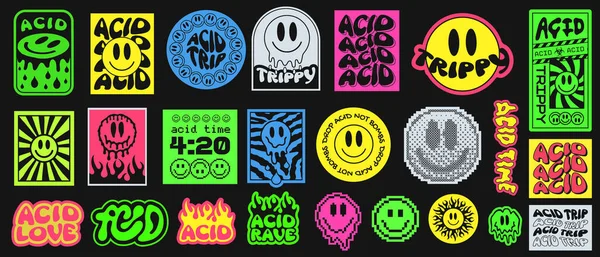 Cool Trendy Acid Stickers Collection Rave Art Pattern Trippy Parches — Stock Vector