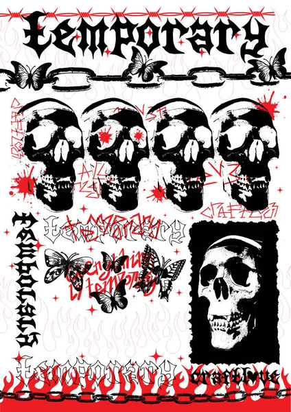 Cartel Estilo Cool Deathcore Con Cráneo Llama Mosca — Vector de stock