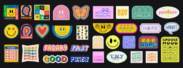 Cool Trendy Geometric Smile Stickers Set Coleção Groovy Patches Emblemas — Vetor de Stock
